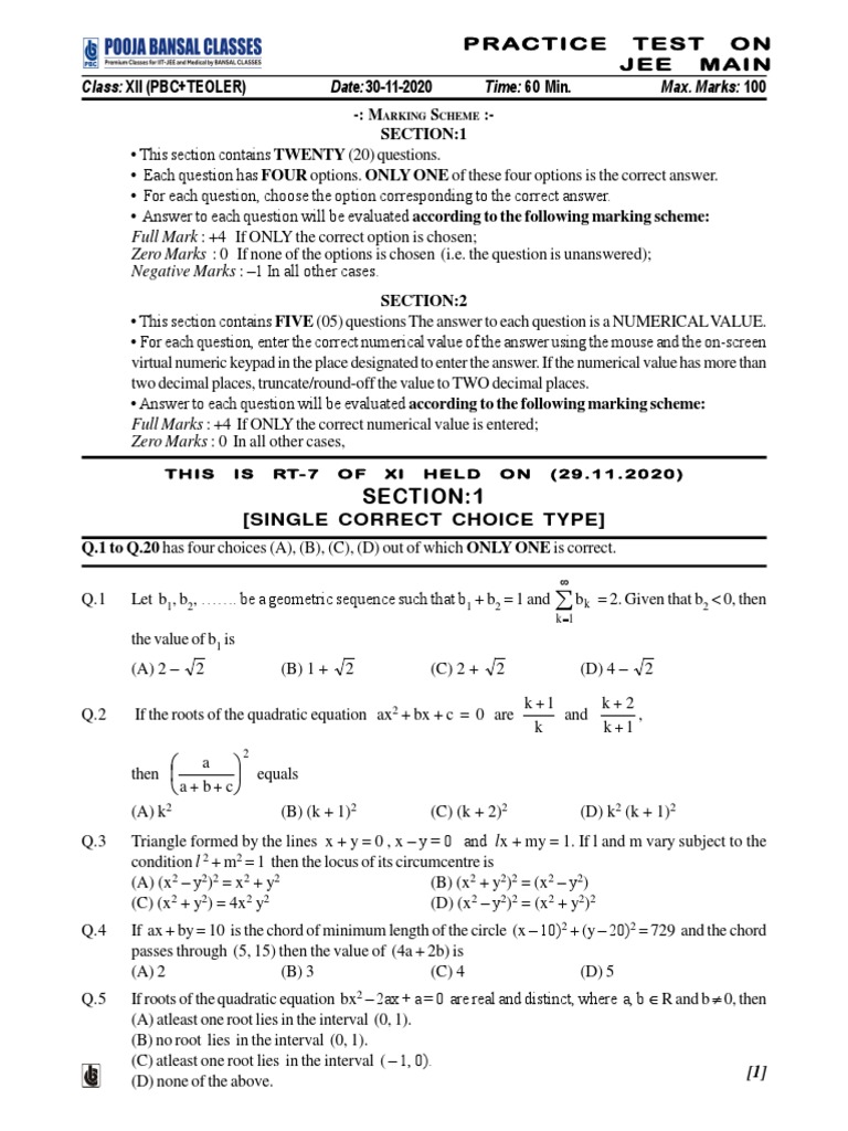Maths Practice Test On Jee Main and Advance | PDF | Numbers | Circle