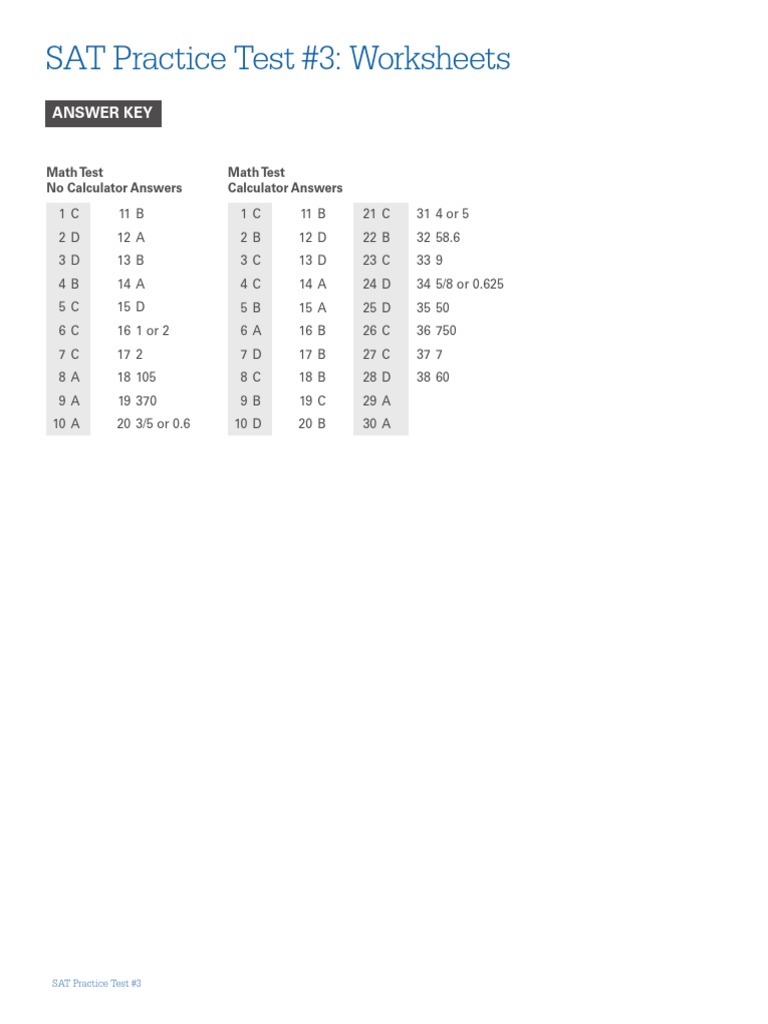 SAT Practice Test #3 Answer Key | PDF | Triangle | Volume