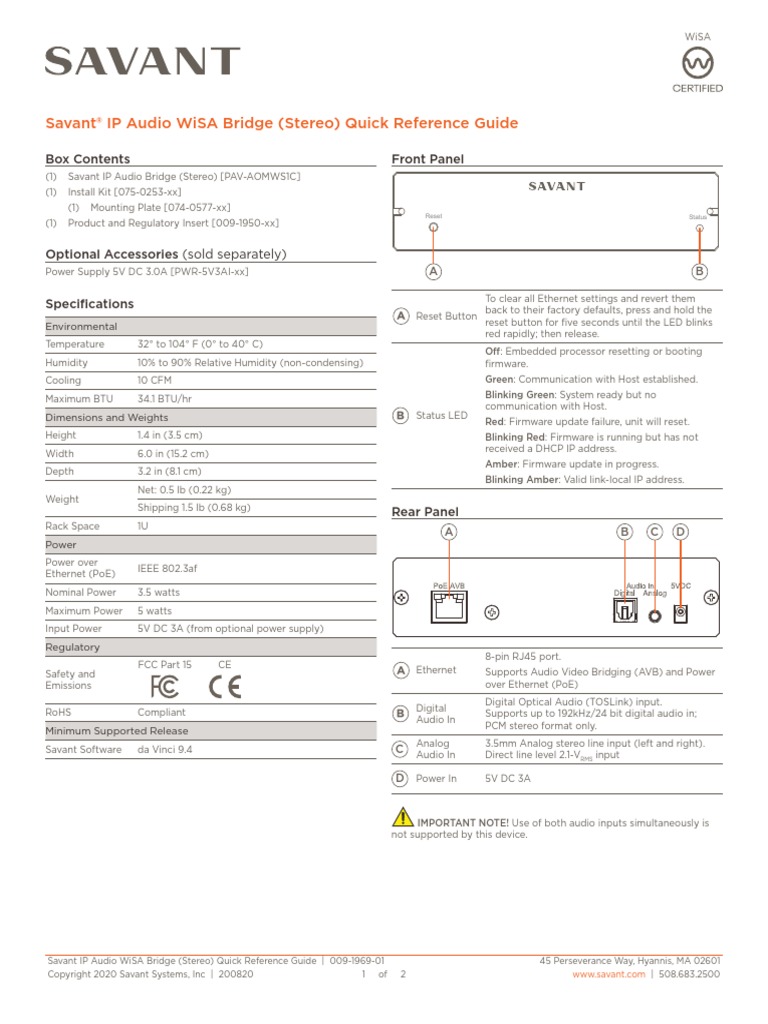 009-1969-01 Savant IP Audio WiSA Bridge (Stereo) QRG | PDF | Computer ...