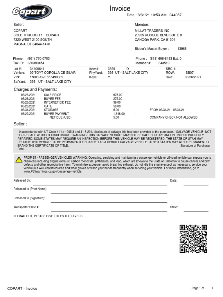 Copart Invoice for Salvage Vehicle | PDF | Vehicles | Transport