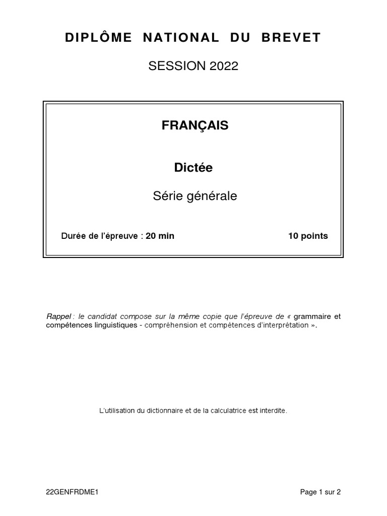 Sujet Brevet 2023 Français France Brevet 2022 Série Générale - Français Dictée | PDF