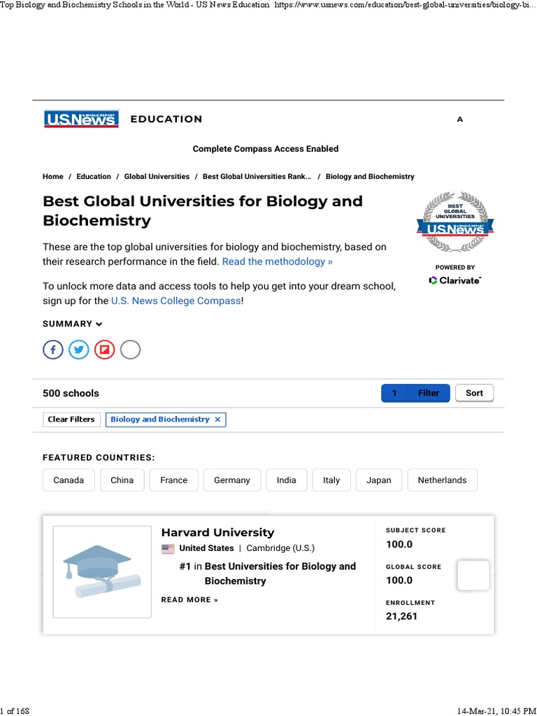 Top Biology and Biochemistry Schools in The World US News Education PDF Universities And