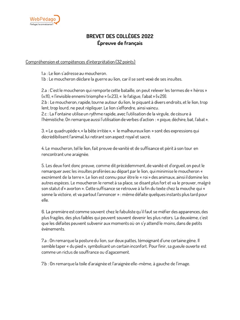 Sujet Brevet 2022 Français Corrigé Brevet 2022 Français-Série Générale | PDF