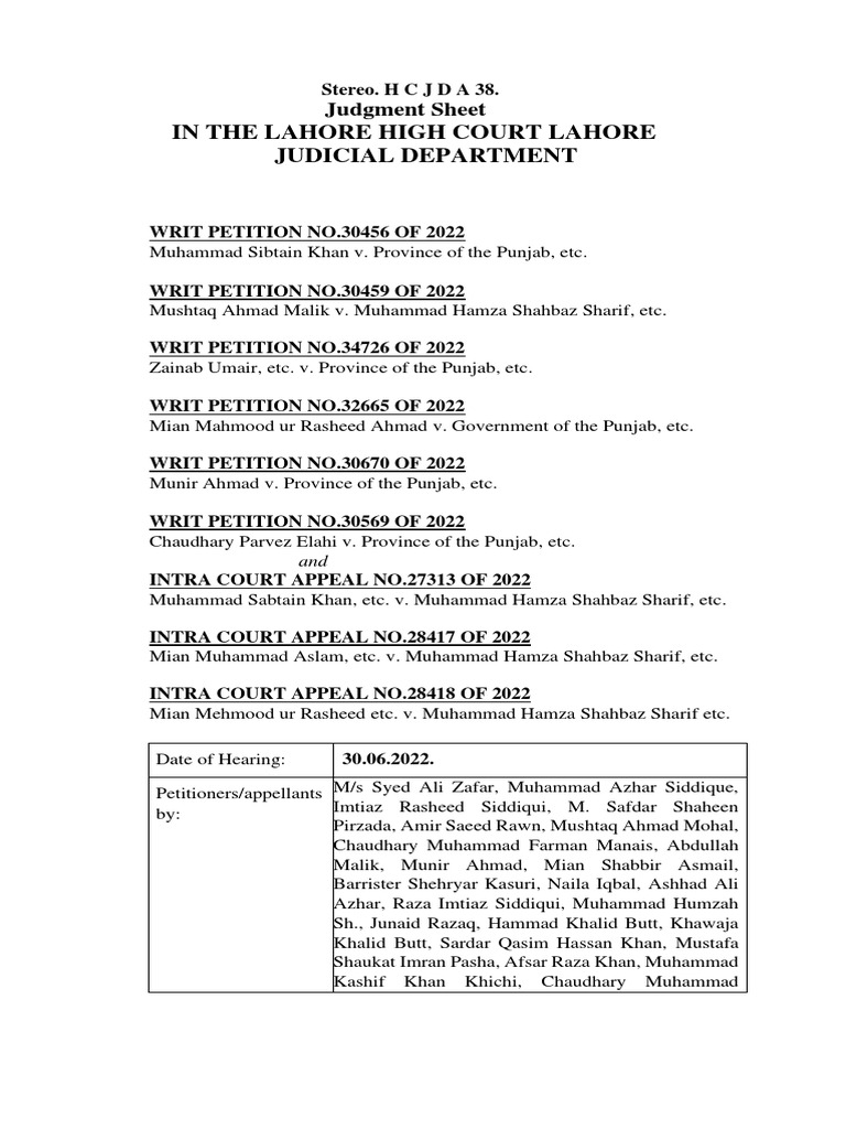In The Lahore High Court Lahore Judicial Department: Judgment Sheet ...