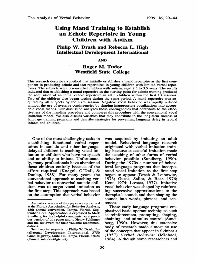 Mand Training for Echoic Skills in Autism | PDF | Reinforcement | Imitation