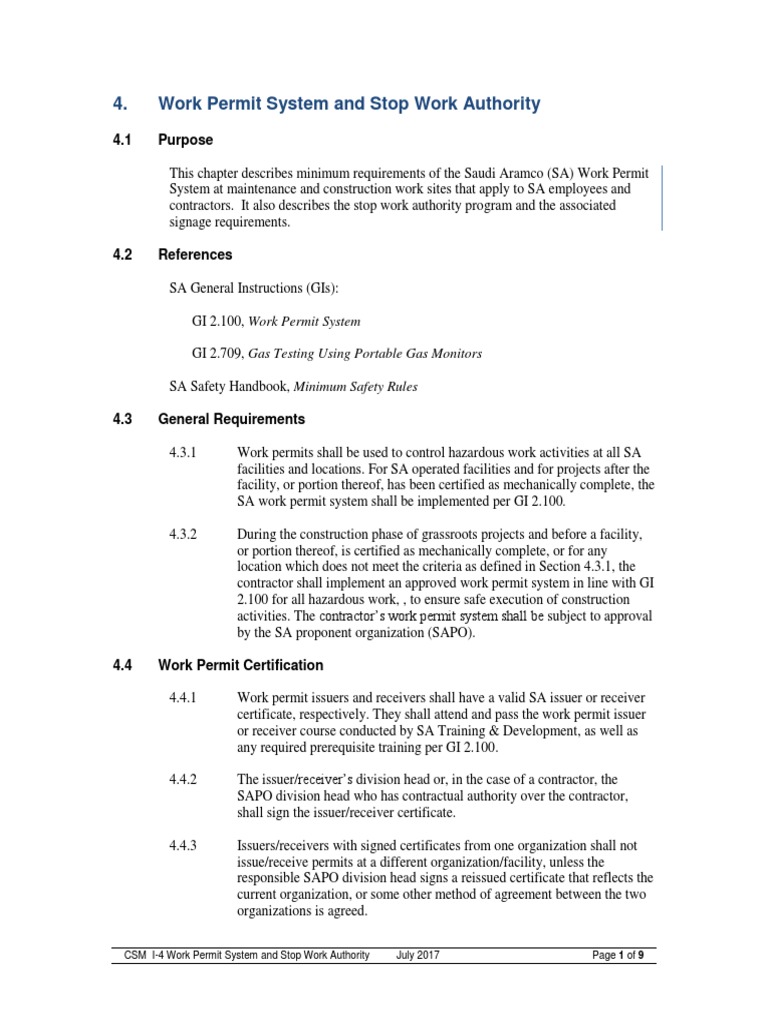 Aramco Work Permit Types and Authority | PDF | Chemistry | Occupational ...