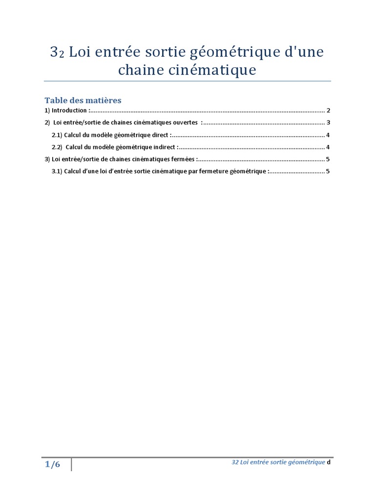 Loi d'Entrée/Sortie Cinématique PDF Cinématique Mécanique newtonienne — free download