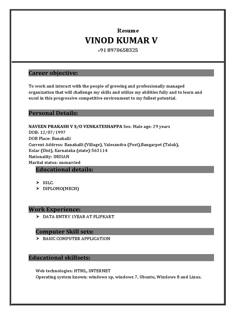 Vinod Kumar V - Resume Overview | PDF