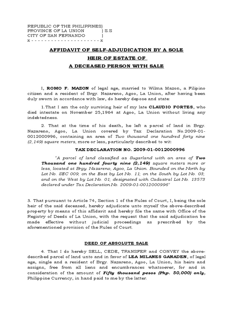 Affidavit of SelfAdjudication by A Sole Heir of Estate of A Deceased