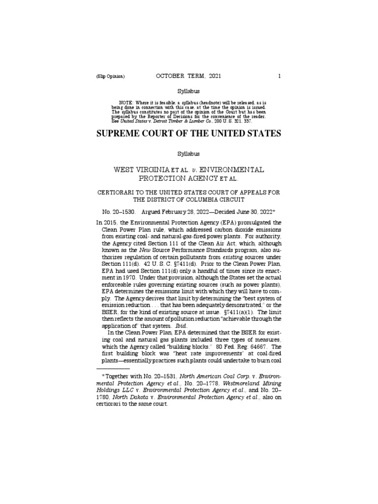 Supreme Court of The United States West Virginia V. Environmental
