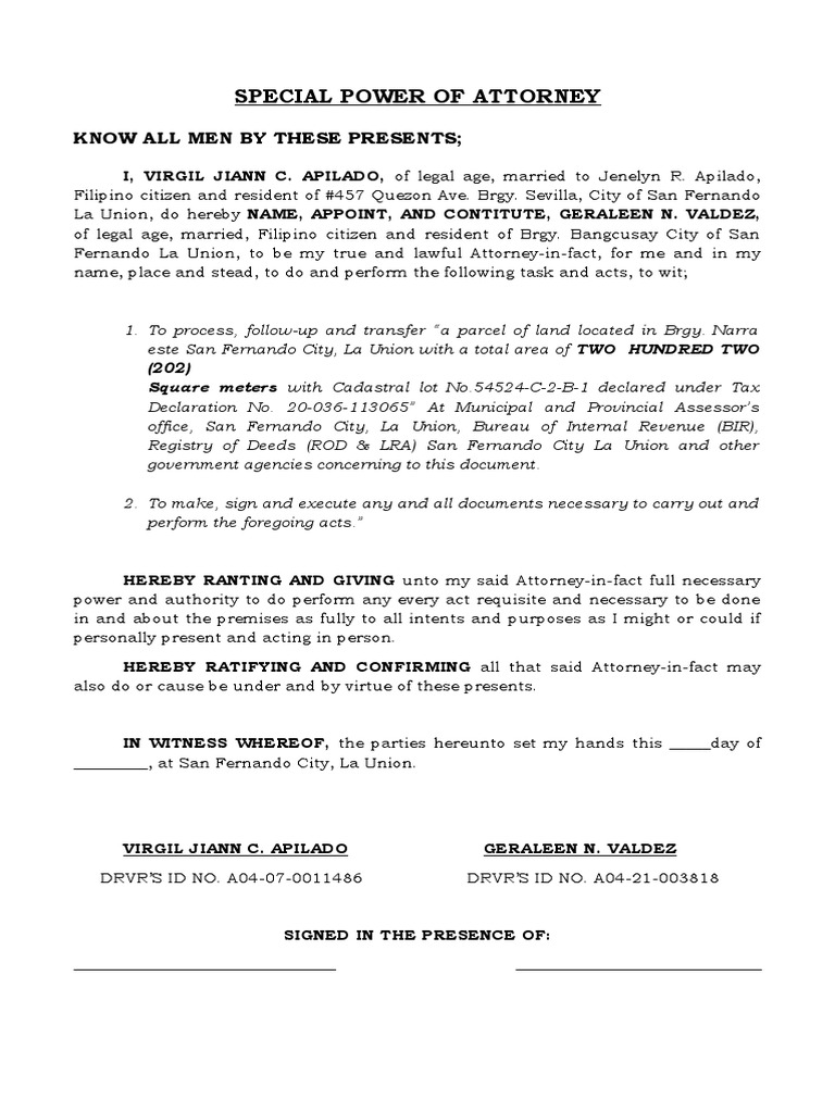 Transferring land ownership special power of attorney granting