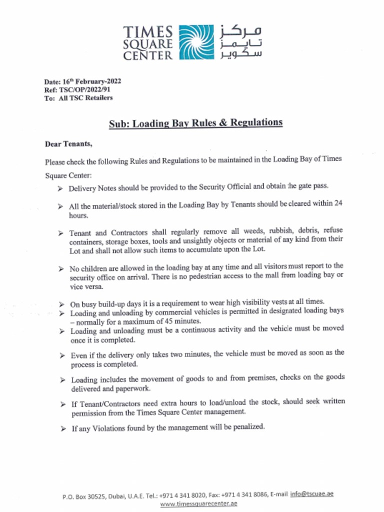 Ciecular Loading Bay Rules & Regulations PDF