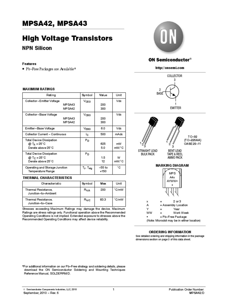 MPSA42, MPSA43 High Voltage Transistors: NPN Silicon | PDF | Bipolar ...