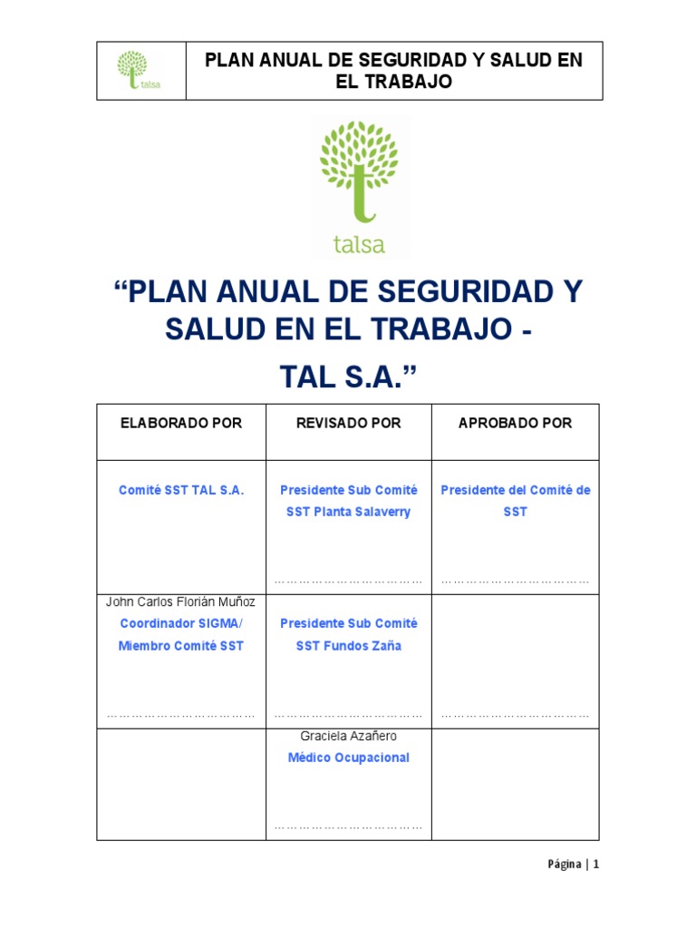 Plan Anual de SST de TAL S.A. | PDF | Seguridad y salud ocupacional ...