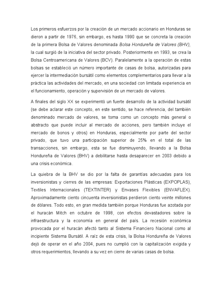 Historia del Mercado Bursátil en Honduras | PDF | Bolsa | Bolsa de Valores