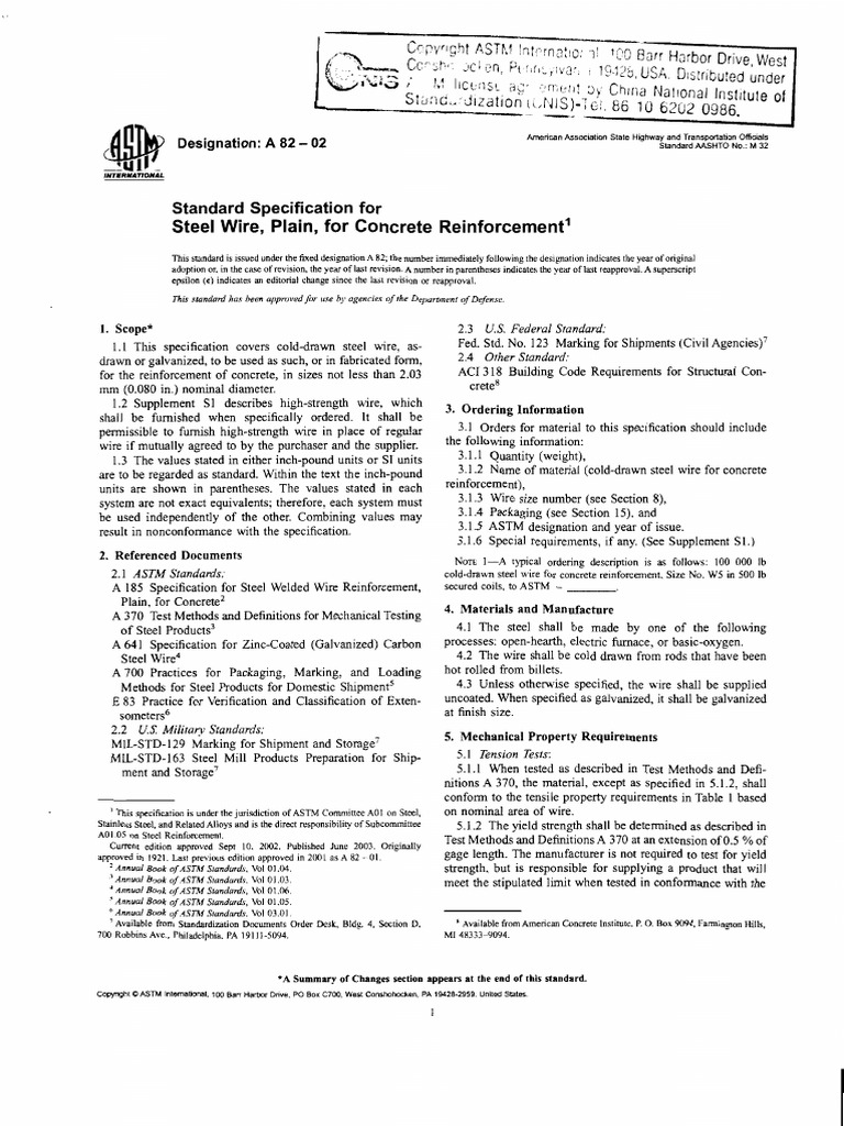 ASTM A8202 Standard Specification For Steel Wire, Plain, For Concrete