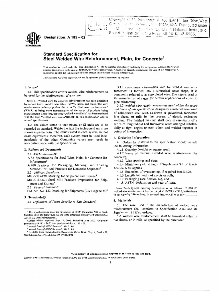 ASTM A18502 Standard Specification For Steel Welded Wire Fabric, Plain