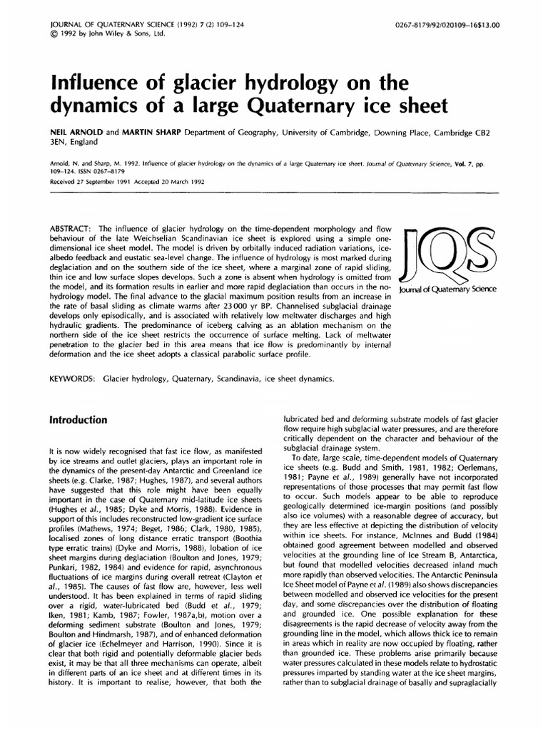 Influence Glacier Hydrology On The Dynamics of A Large Quaternary Ice ...