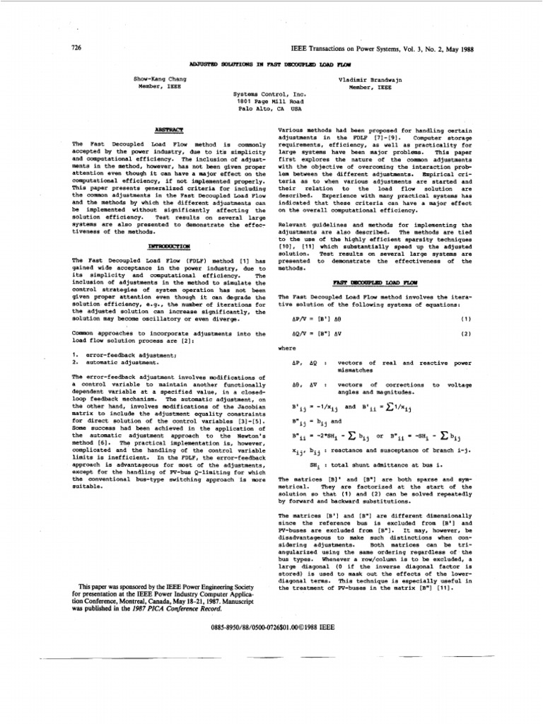 Adjusted Solutions in Fast Decoupled Load Flow | PDF | Science ...