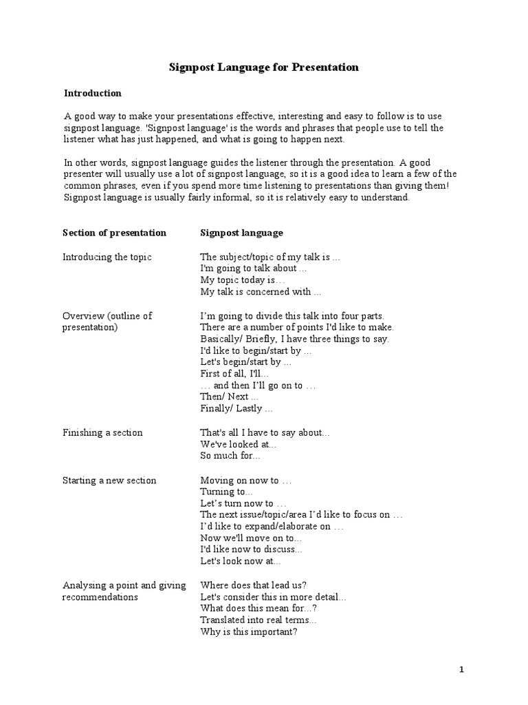 Signpost Language For Presentation | PDF | Linguistics | Cognitive Science