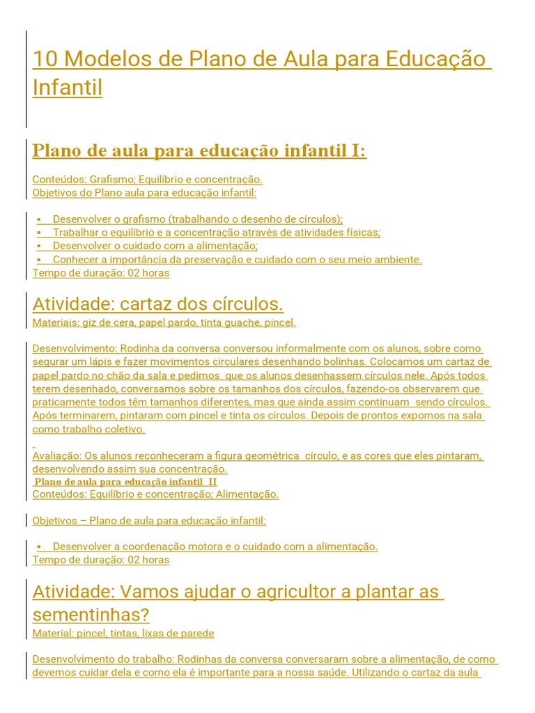 10 Modelos de Plano de Aula para Educação Infantil | PDF | Imagem | Desenho