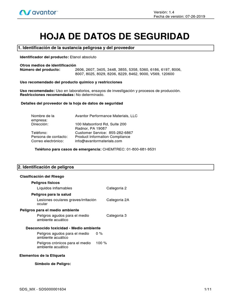 Etanol Absoluto MSDS | PDF | Agua | Toxicidad