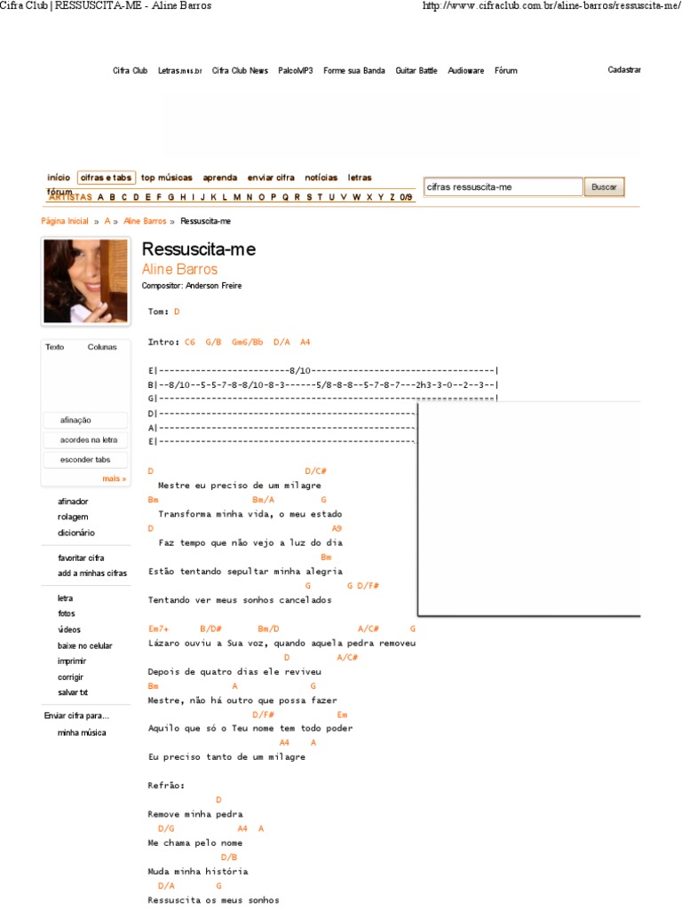 Cifra Club RESSUSCITAME Aline Barros Lazer Tecnologia (Geral)