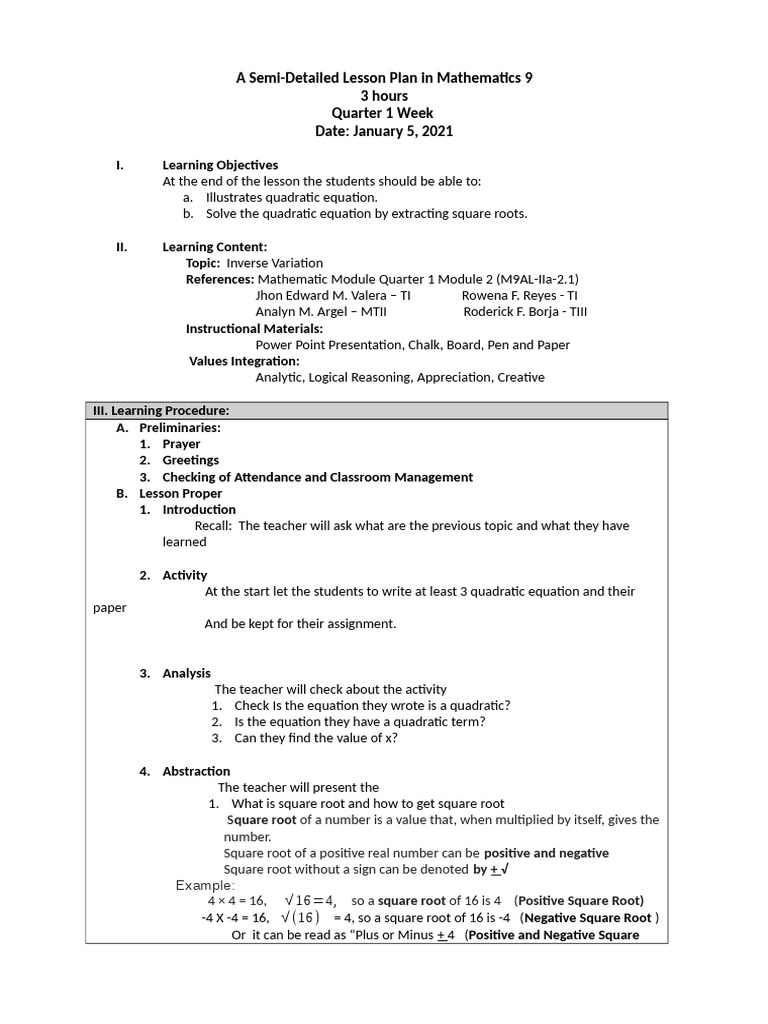 Lesson Plan: Quadratic Equations in Math 9 | PDF | Quadratic Equation ...
