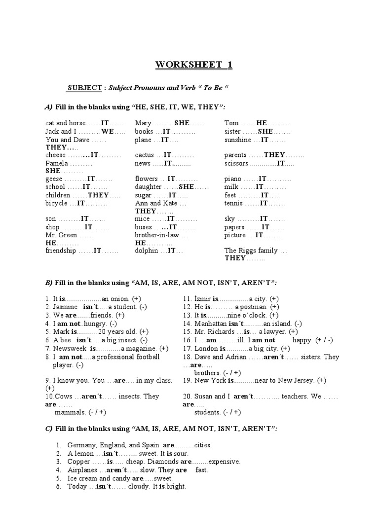 Worksheet 1 Subject Subject Pronouns And Verb To Be PDF