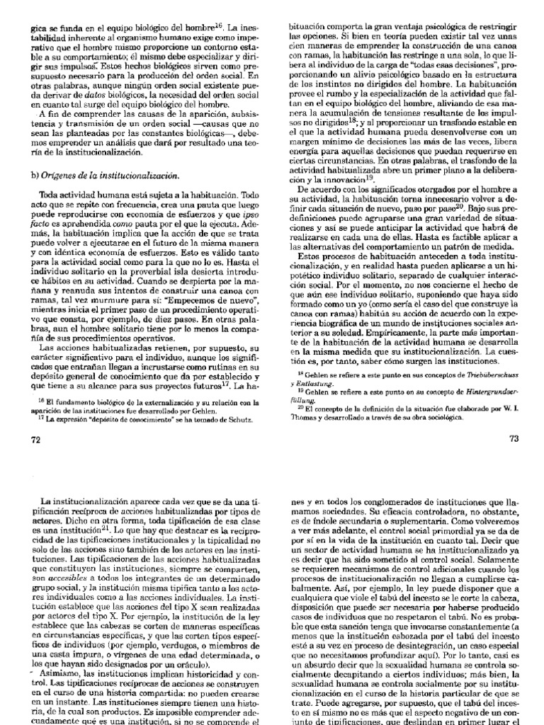 Copia De Berger Y Luckmann Origenes De La Institucionalizacion 1 Pdf