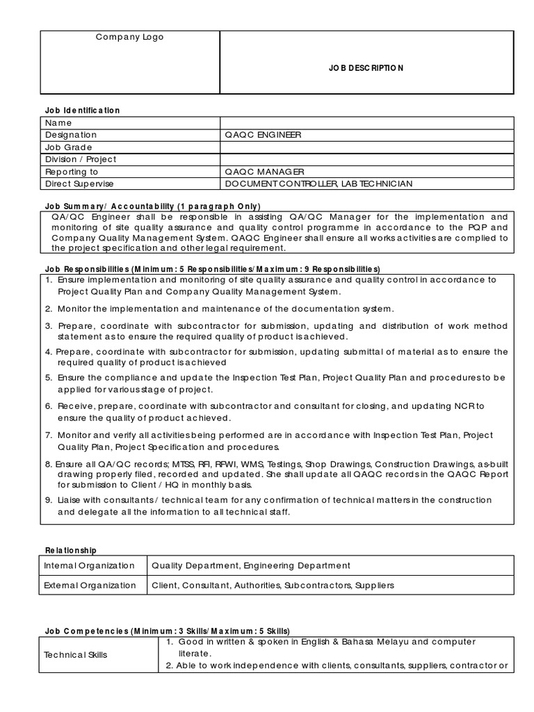 Job Description For QAQC Engineer PDF Consultant Quality Assurance