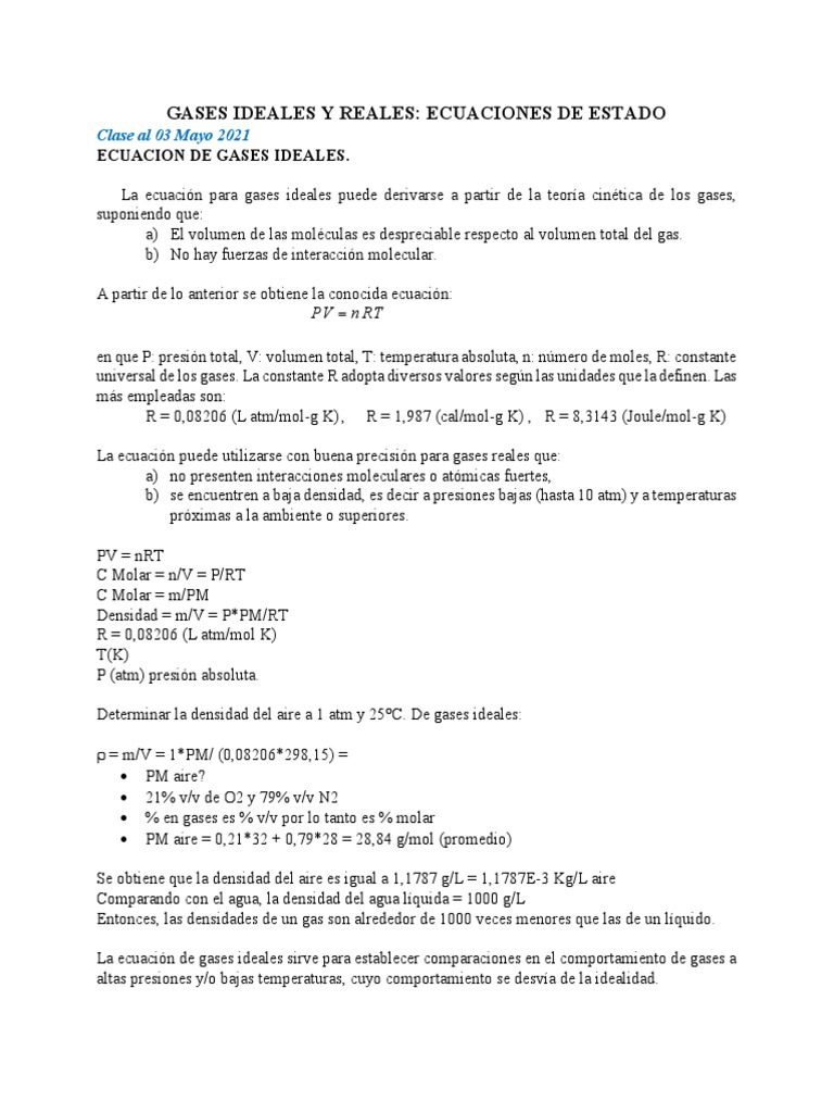 Gases Ideales y Reales: Ecuaciones y Propiedades | PDF | Gases | Entalpía