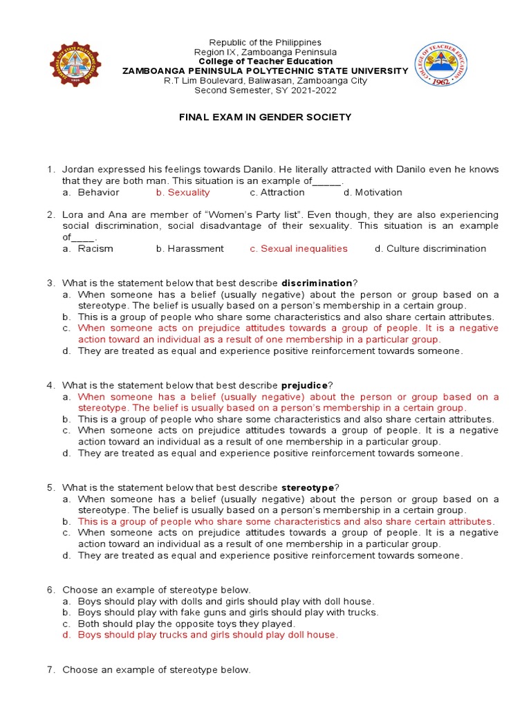 Final Exam in Gender Society | PDF | Prejudices | Stereotypes