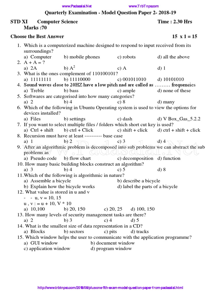 11th Computer Science Quarterly Exam 2024 | PDF | Operating System ...