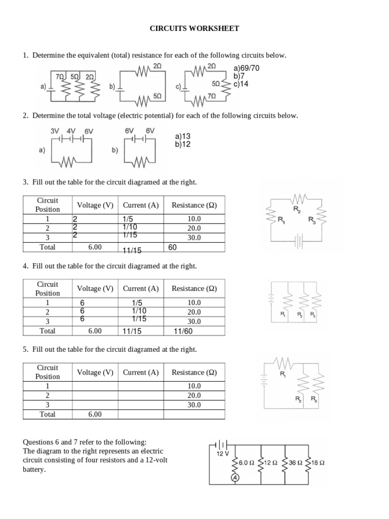 Circuit Resistance Calculation Worksheet | PDF | Series And Parallel ...