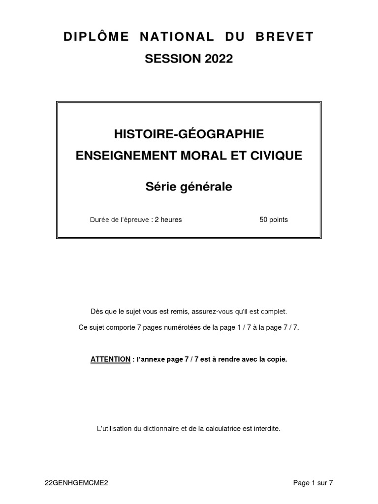Brevet Histoire Géo 2022 Série Générale