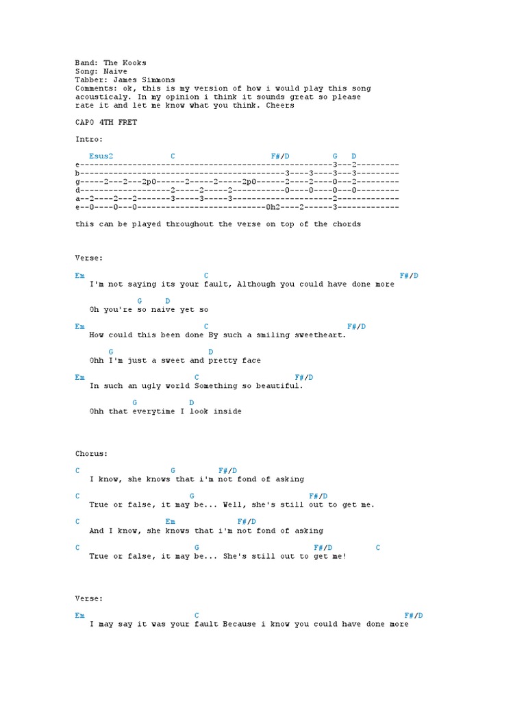 Kooks Naive Tab PDF Song Structure Songs