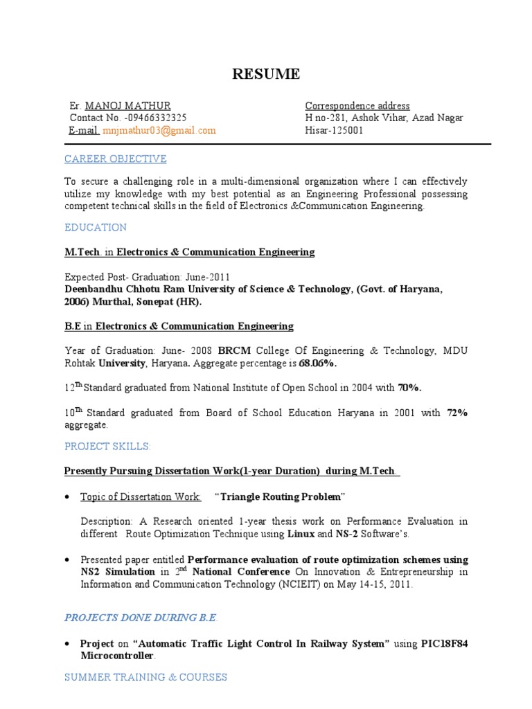 Manoj Mathur: Engineering Resume | PDF | Thesis | Engineering