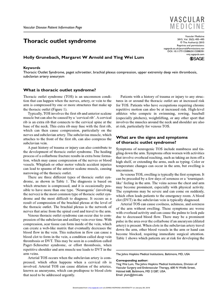 Thoracic Outlet Syndrome Patient Information | PDF | Thrombosis | Vein