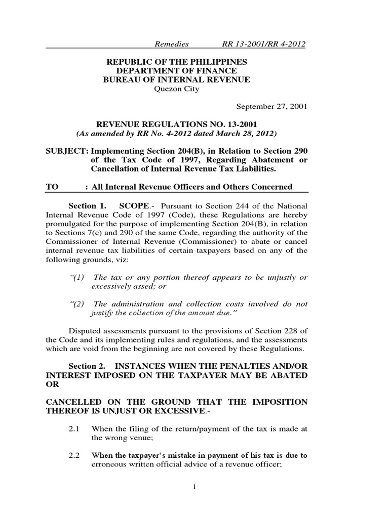 RR 13-2001 As Amended by RR 4-2012 | PDF | Internal Revenue Service | Taxes