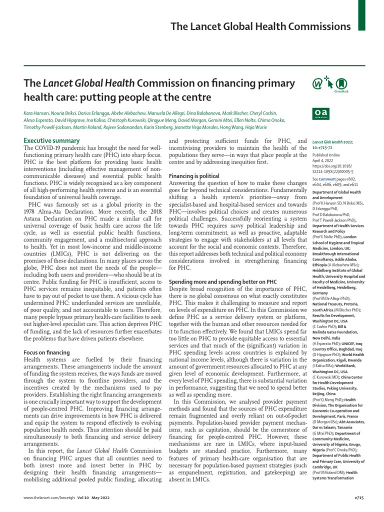 The Lancet Global Health Commission On Financing Primary Health Care