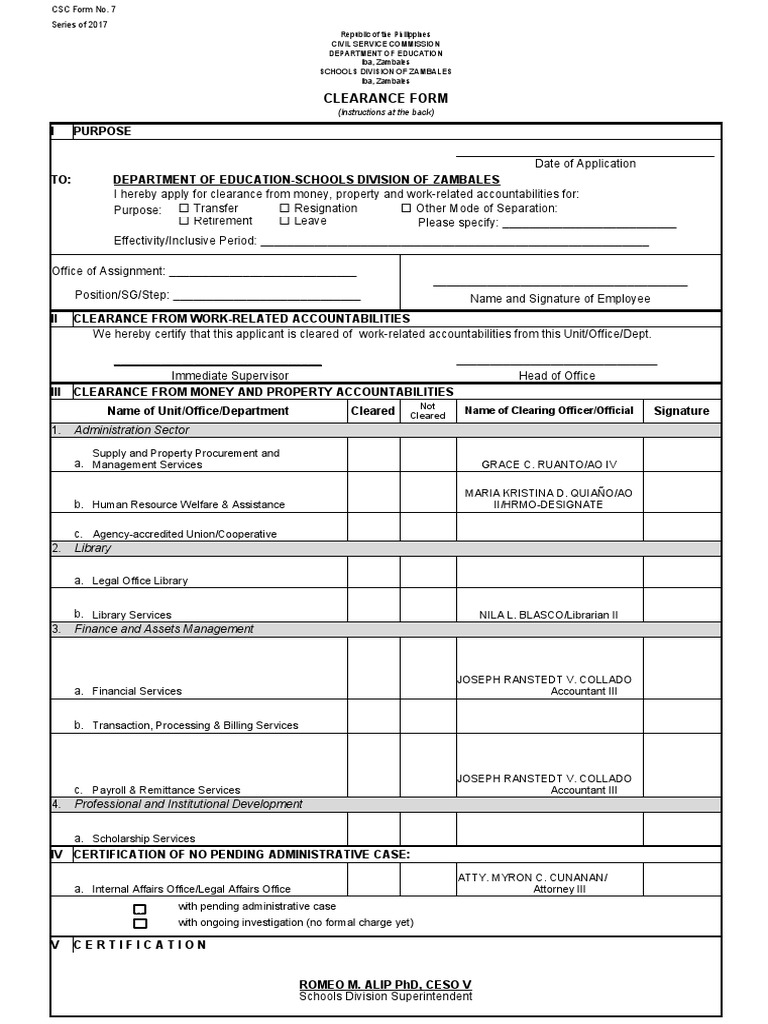 CSC Form No. 7 Series 2017 Clearance Form | PDF | Economies | Government
