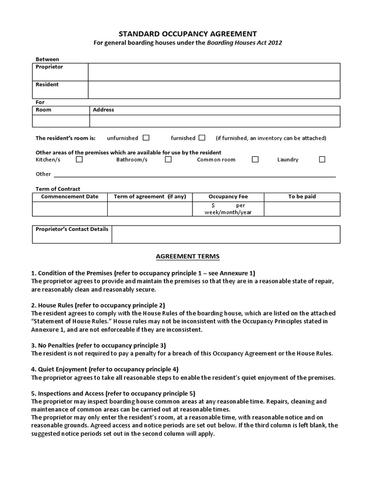 Standard Occupancy Agreement: Furnished (If Furnished, An Inventory Can ...