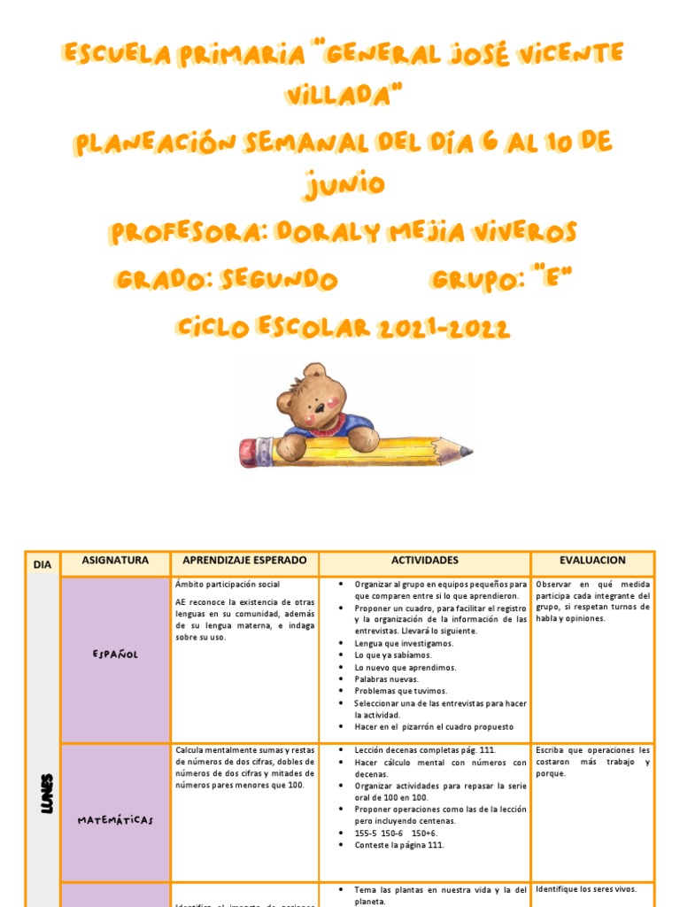 Planeación Semanal 2° Grado del 6 al 10 de junio | PDF | Educación primaria