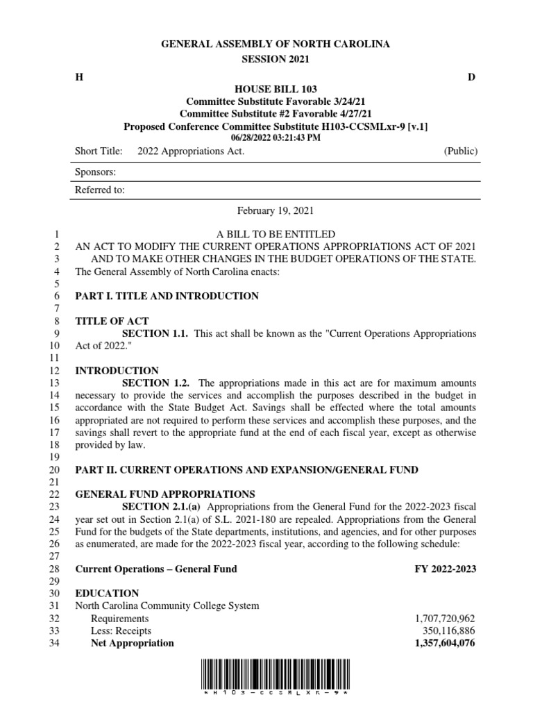 2022 North Carolina Budget | PDF | Appropriations Bill (United States) |  Appropriation Bill