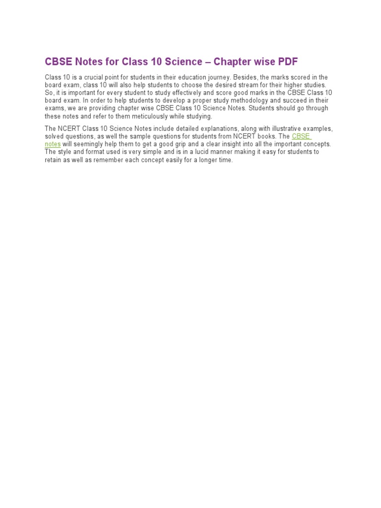 CBSE Notes For Class 10 Science - Chapter Wise PDF | PDF