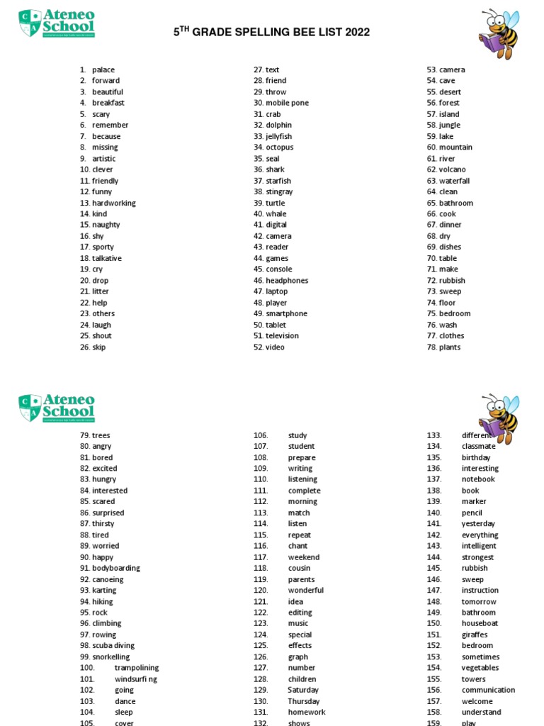 Lista de Spelling Bee 5to Grado PDF