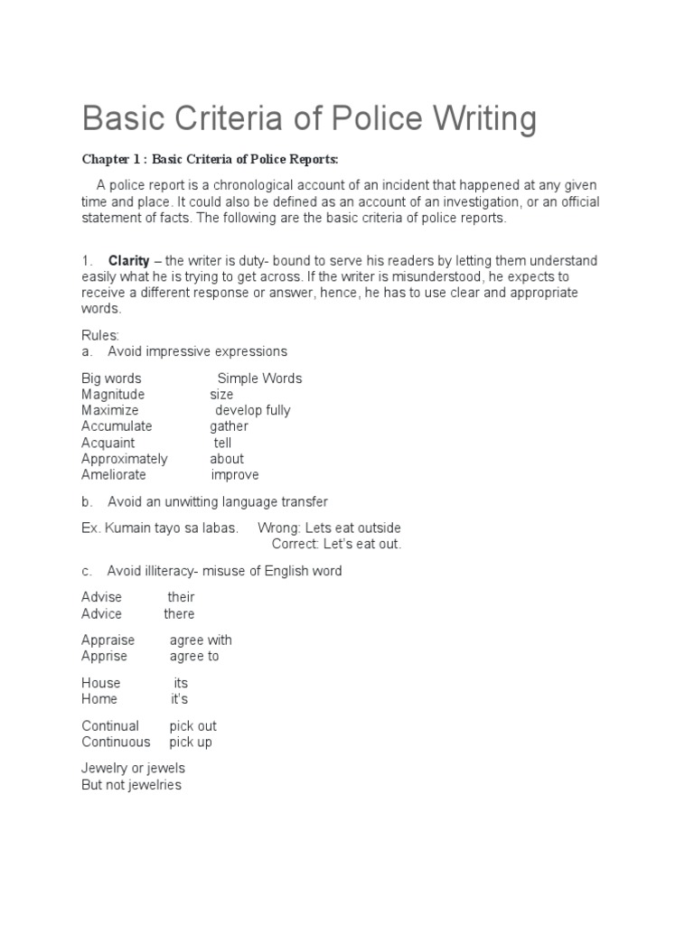 Police Report Writing Criteria | PDF | Madam | Classified Information