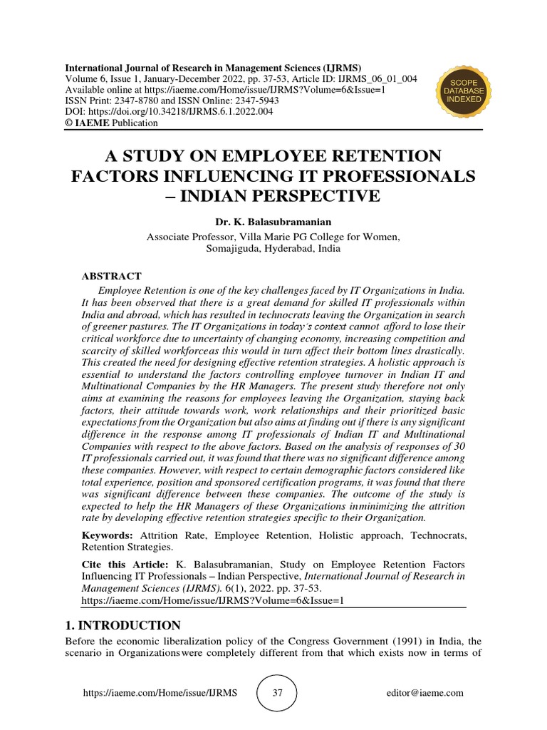 A Study On Employee Retention Factors Influencing It Professionals Indian Perspective PDF