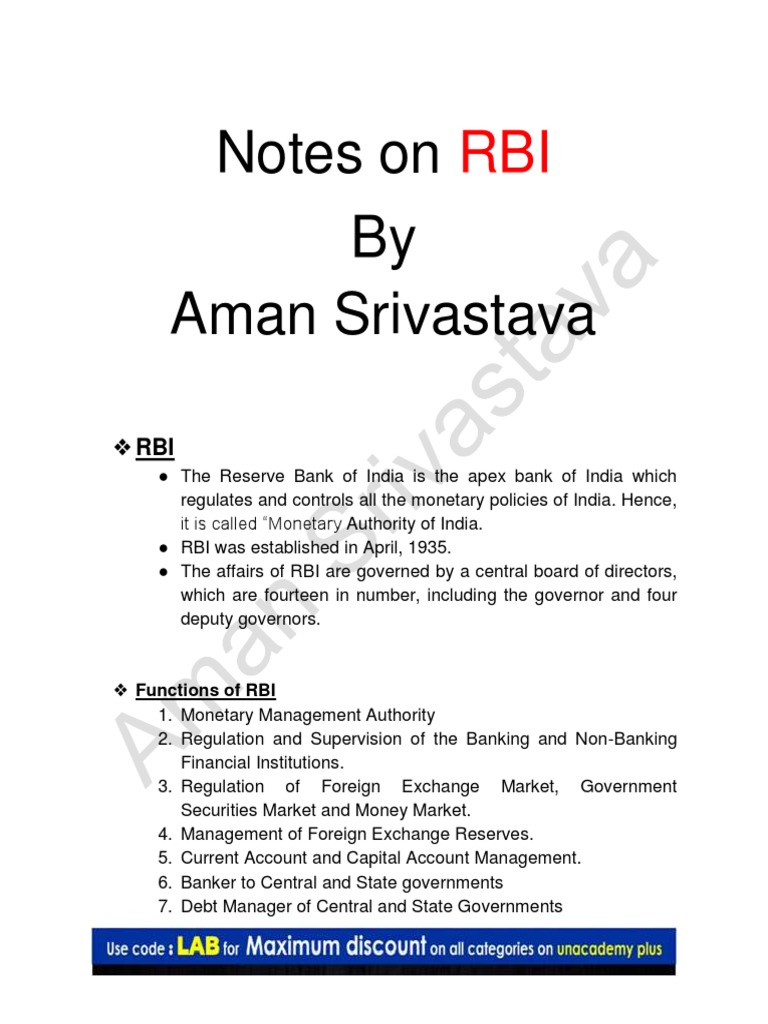 Notes On by Aman Srivastava | PDF | Reserve Bank Of India | Reserve ...